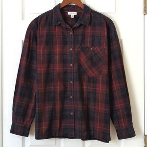 Topshop Classic Plaid Pinwale Corduroy Long Sleeve Button Down Shirt Burgundy 8